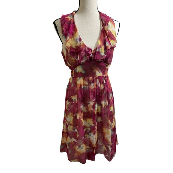 Chequer dress silk ruffle neckline sleeveless floral colorful. Womens size4 - Picture 9 of 11